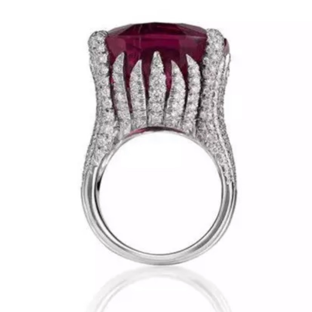 New Women’s Vintage Silver Geometric Big Stone Red Zircon Ring - Picture 3 of 3